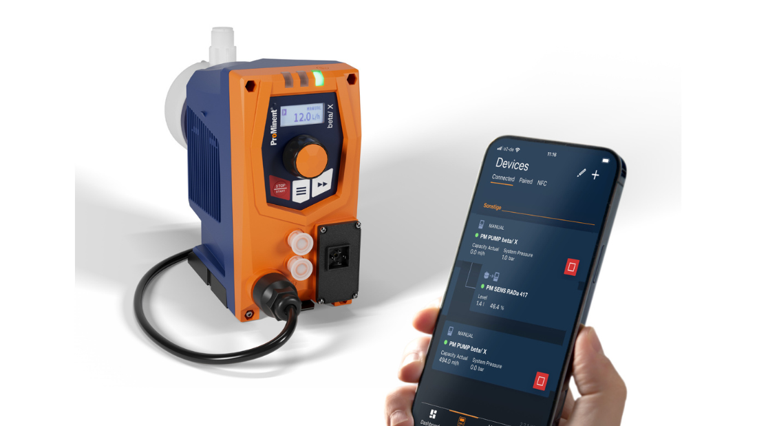 The ProMinent beta X stepper motor pump is the ideal alternative to Grundfos chemical dosing pumps - affordable-easy to use-precise-reliable-connected and supported ProMinent beta/ X chemical dosing pump with iphone showing Bluetooth capability for easy monitoring